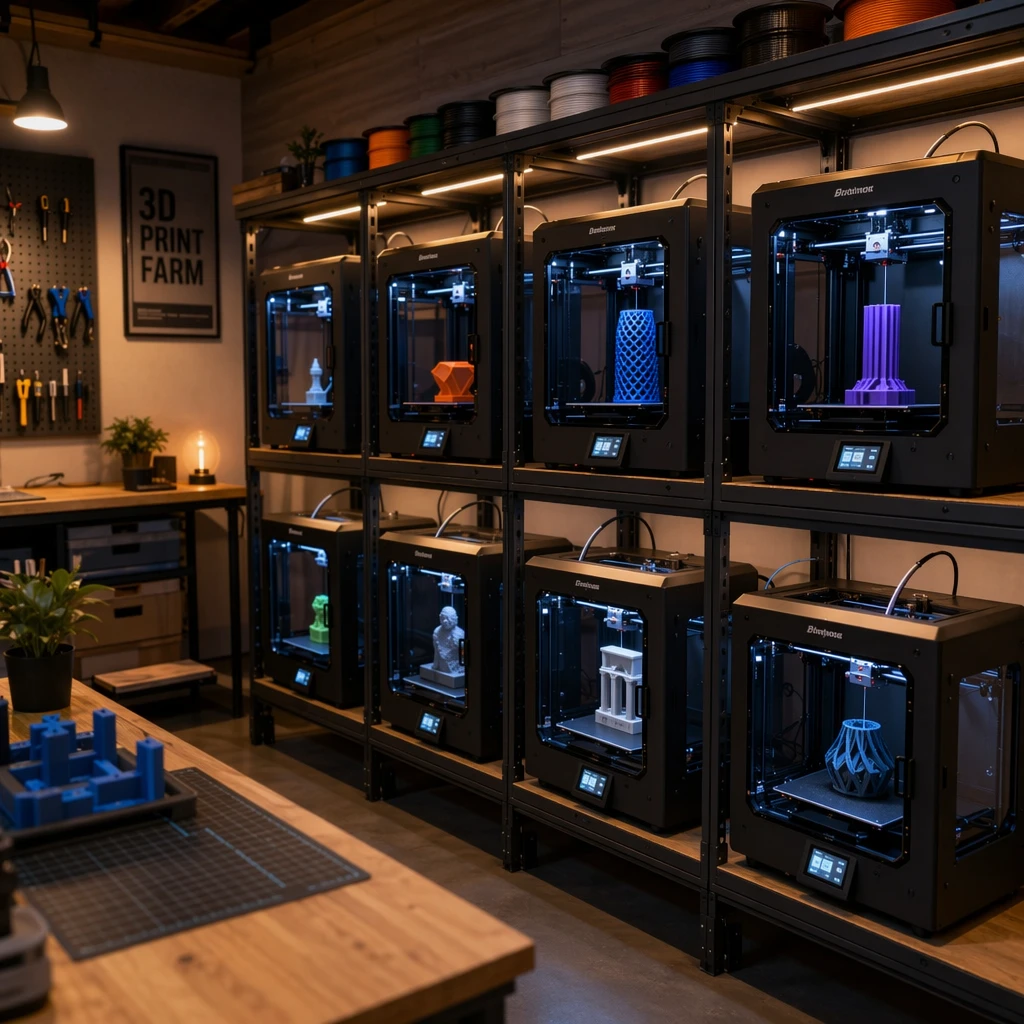 Print farm with multiple 3D printers