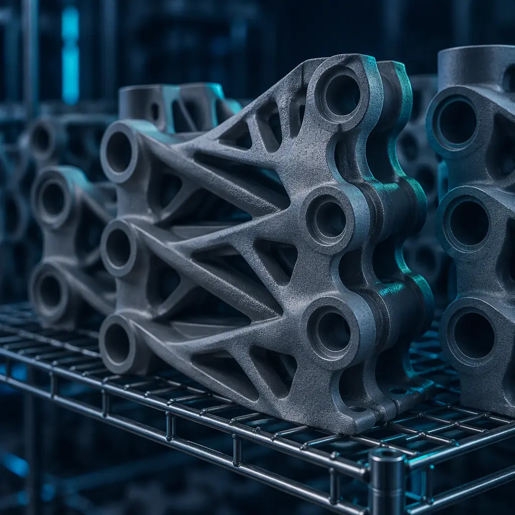 Stack of annealed matte grey printed industrial parts on a wire rack with a faint teal rim light, dark background, macro texture