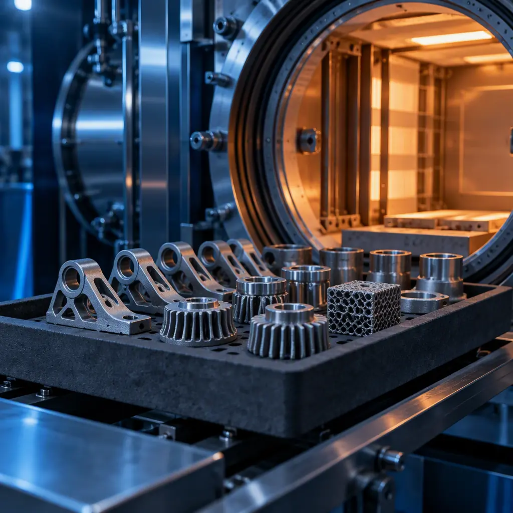 Photograph of sintered stainless steel parts arranged on a graphite tray beside a vacuum furnace, showing fine surface texture and metallic sheen