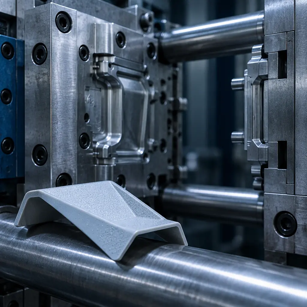 Printed production parts in bins beside an injection moulding machine platen in a factory, cool blue industrial lighting, no people