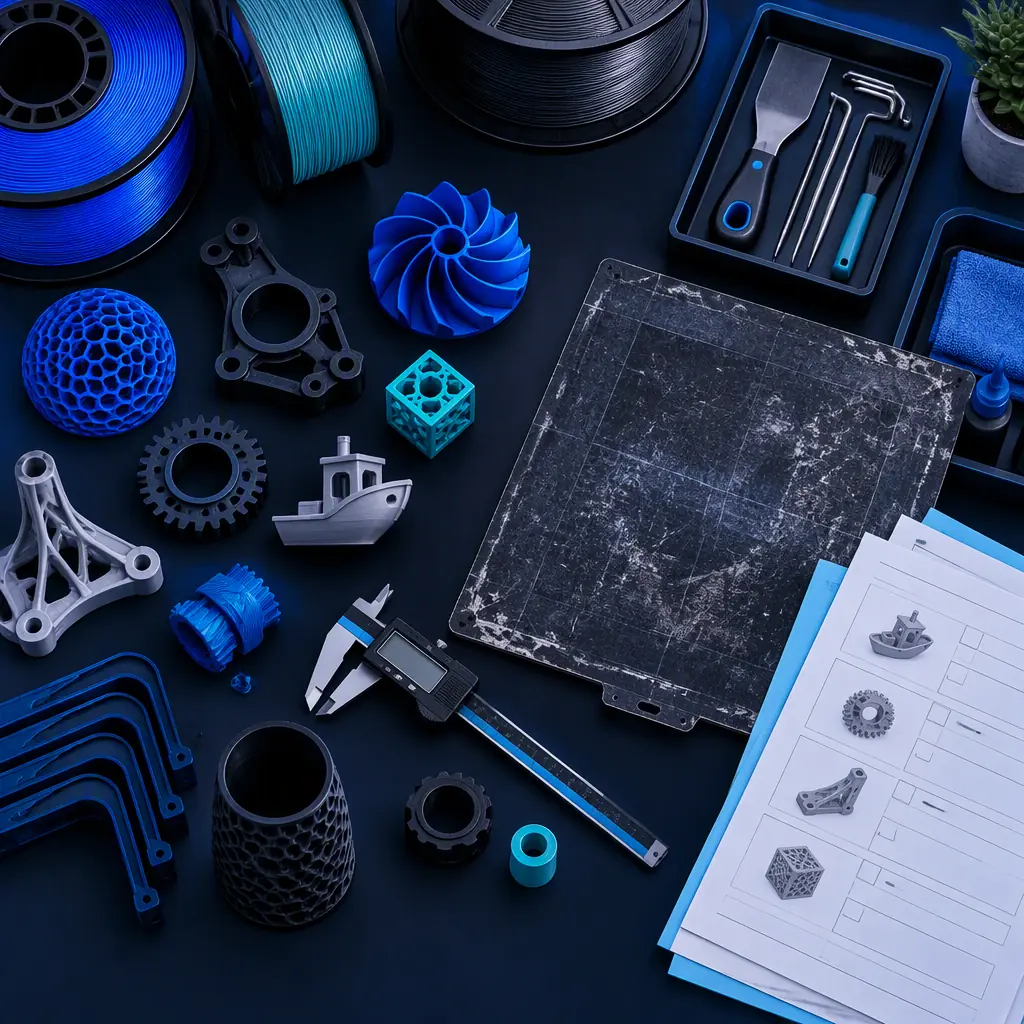 Flat lay of a 3D printing service bureau operations desk: printed sample parts, a quoting worksheet, coloured filament spools, digital calipers and a worn build plate on a dark surface