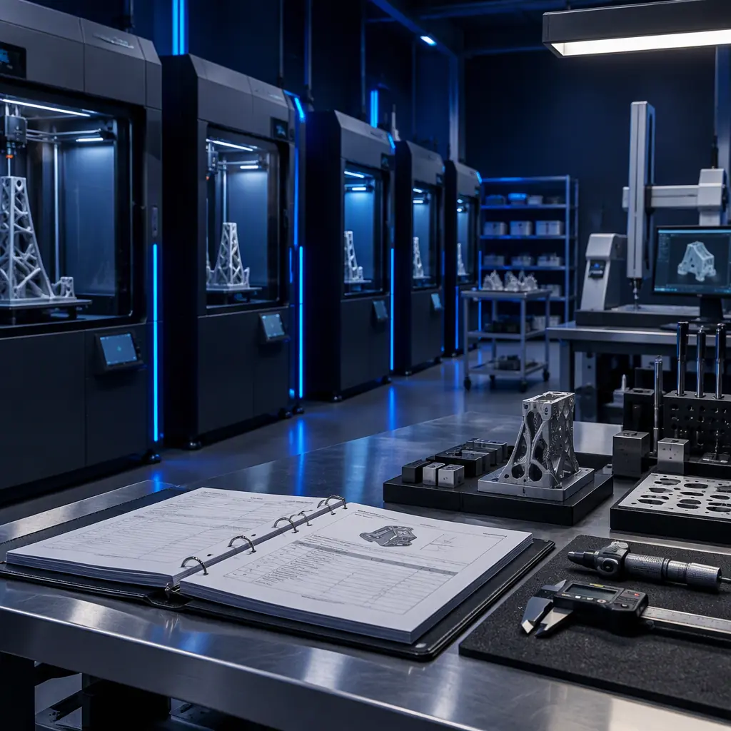 Industrial 3D printer under metrology inspection in a clean quality control room, calibration certificate binder on the bench, dark blue lighting