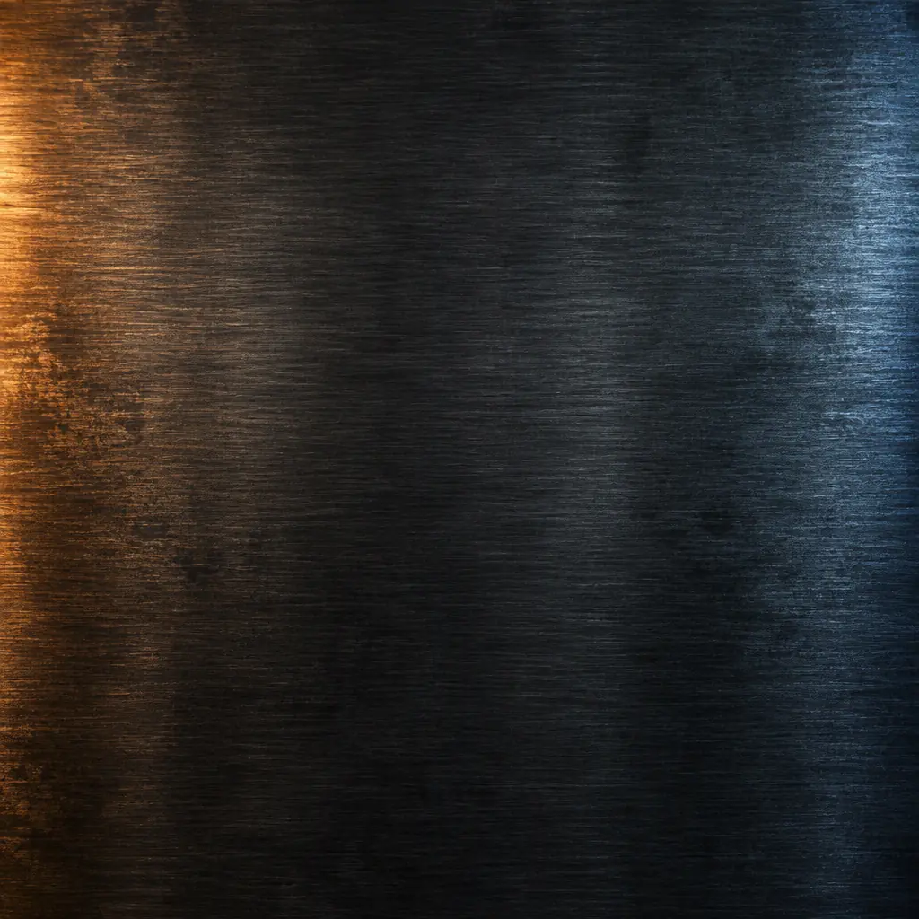Dark brushed metal surface with a warm amber glow along one edge and cool blue on the other, subtle grain, low contrast, atmospheric industrial texture