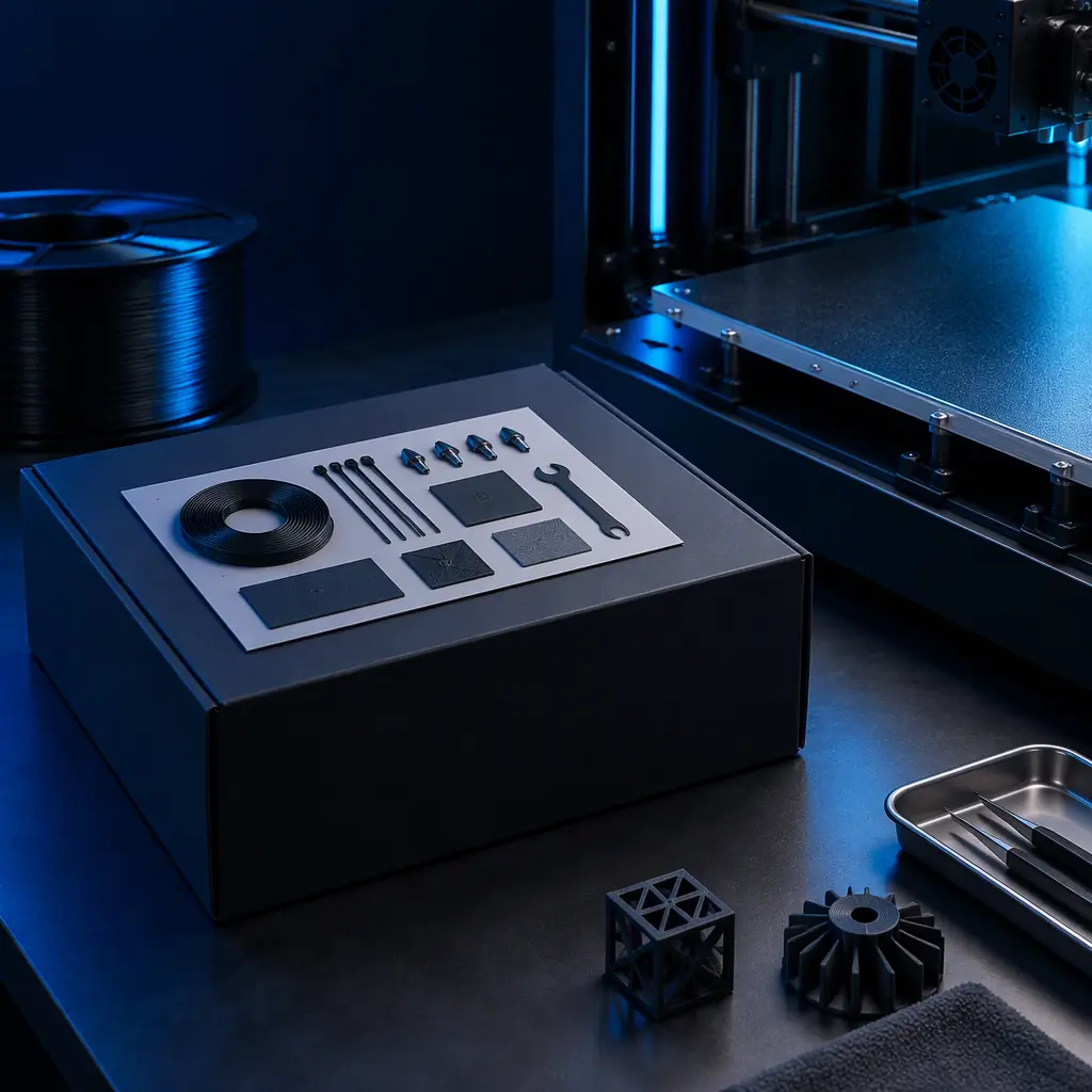 A closed branded 3D printer starter kit box with printed contents card on top, dark studio surface with blue accent lighting