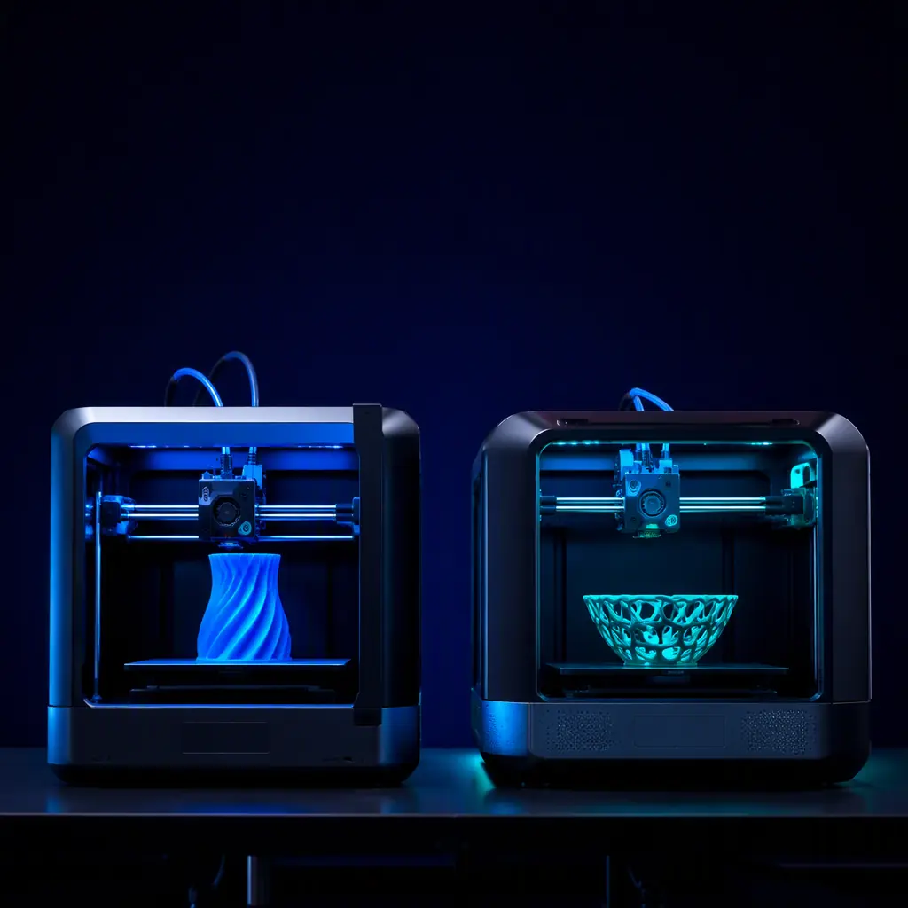 Two consumer 3D printers printing side by side on a dark workbench