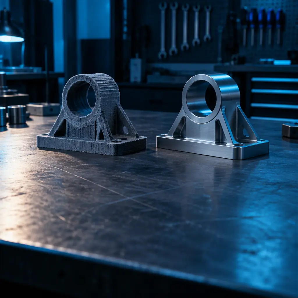 Photograph of an engineering workshop bench comparing a printed prototype and a bureau-supplied finished part side by side under directional light