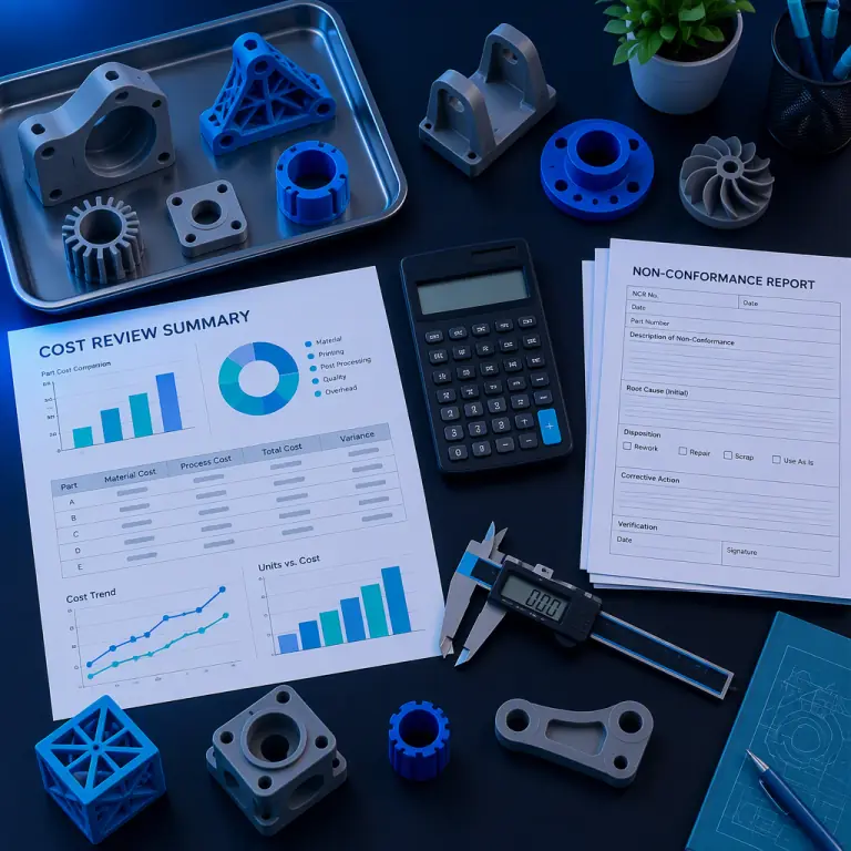 Flat lay photograph on a dark surface of a quality cost review desk with several printed engineering parts, a non-conformance form, a digital caliper and a calculator beside a printed cost summary sheet