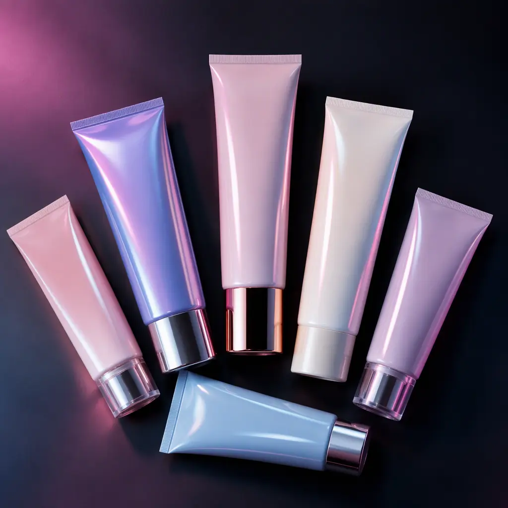 Finished cosmetic tube samples arranged in a line on a dark studio surface, glossy decoration catching the light, pink and blue accent glow