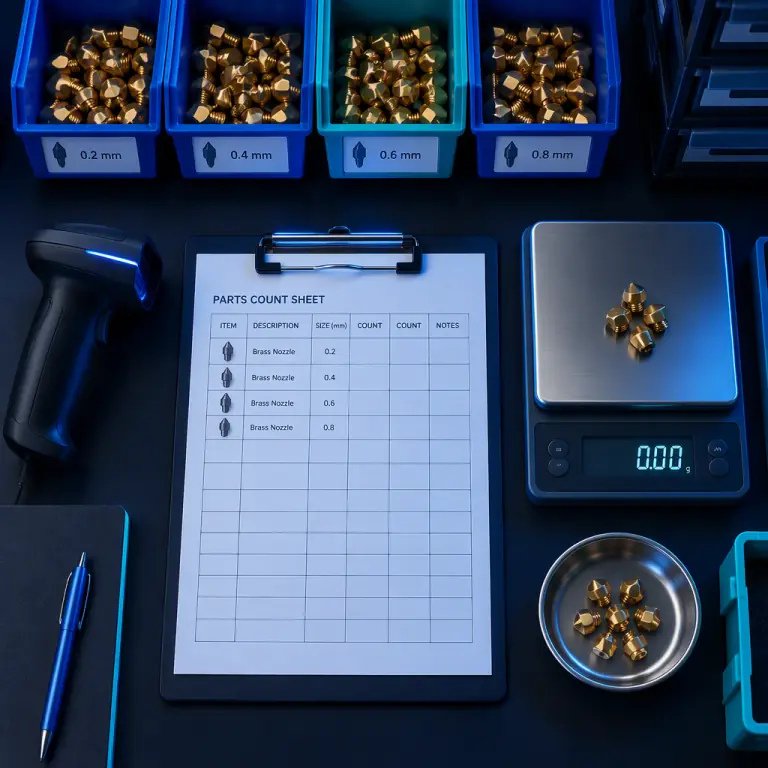 Flat lay photograph on a dark surface of a parts warehouse count station with a handheld barcode scanner, a printed cycle count sheet, labelled bins of 3D printer nozzles and a digital scale