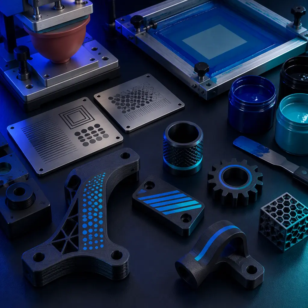 Flat lay photograph on a dark surface of a part decoration workbench with a pad printing plate, a screen printing frame, laser marked test plates, ink pots and decorated 3D printed samples
