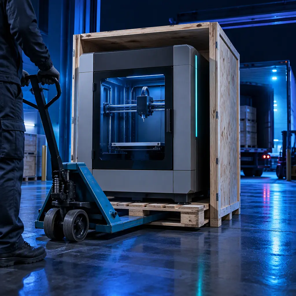 A refurbished industrial 3D printer being loaded into a shipping crate at a depot, forklift and pallet, dark warehouse with blue accent lighting