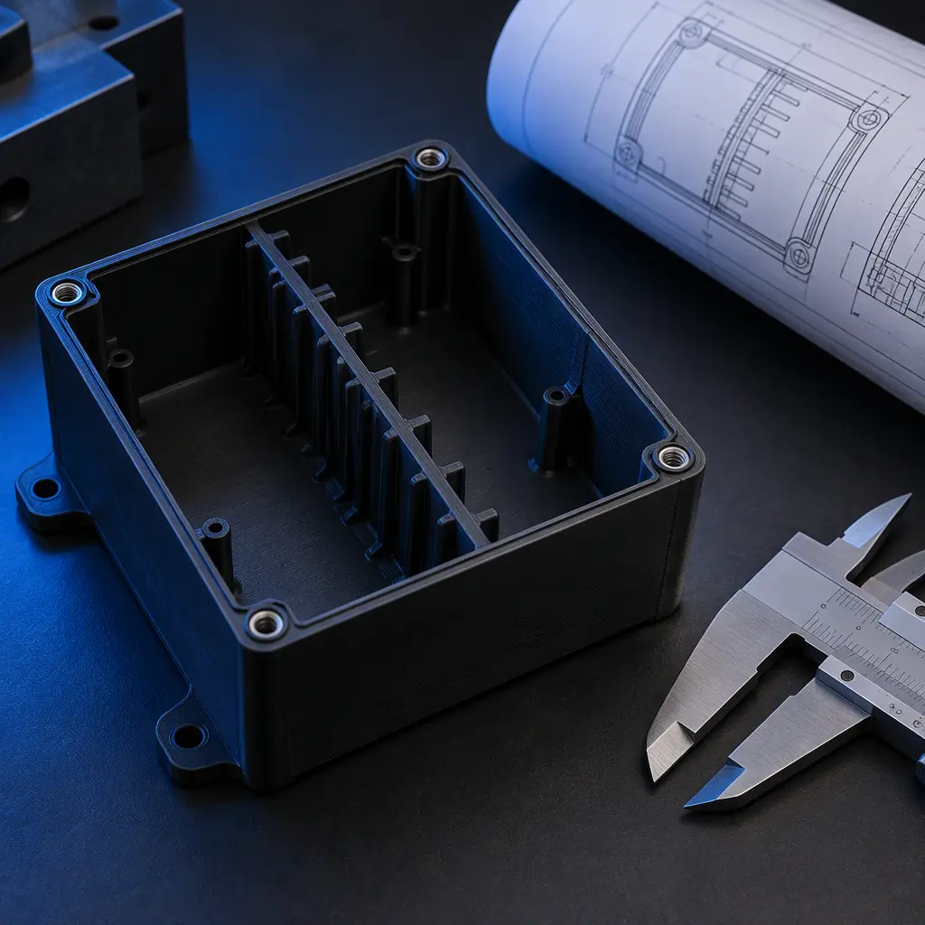 A printed electrical enclosure with an internal ribbed insulating barrier on a dark surface, engineering drawing and calipers beside it, blue accent lighting