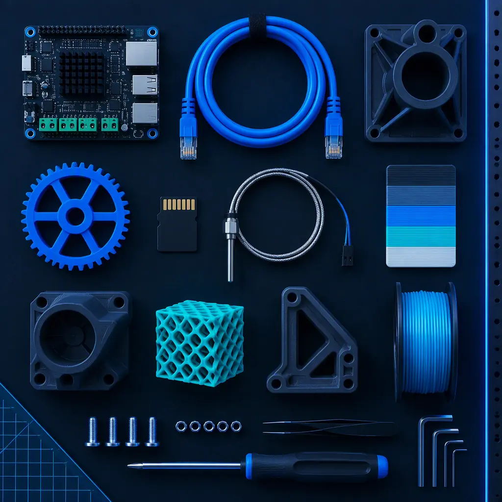 Flat lay photograph on a dark surface of a factory digitization workbench with a small controller board, coiled network cable, printed engineering parts, an SD card and a thermal probe