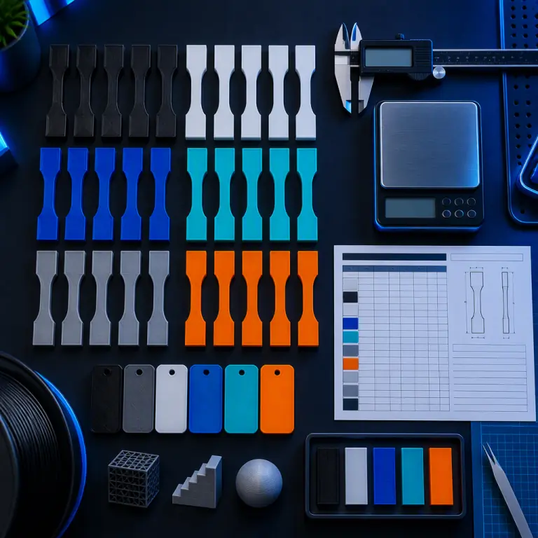 Flat lay photograph on a dark surface of a print process engineering desk with rows of printed test specimens, a digital caliper, a gram scale, a printed run-order sheet and coloured filament sample chips