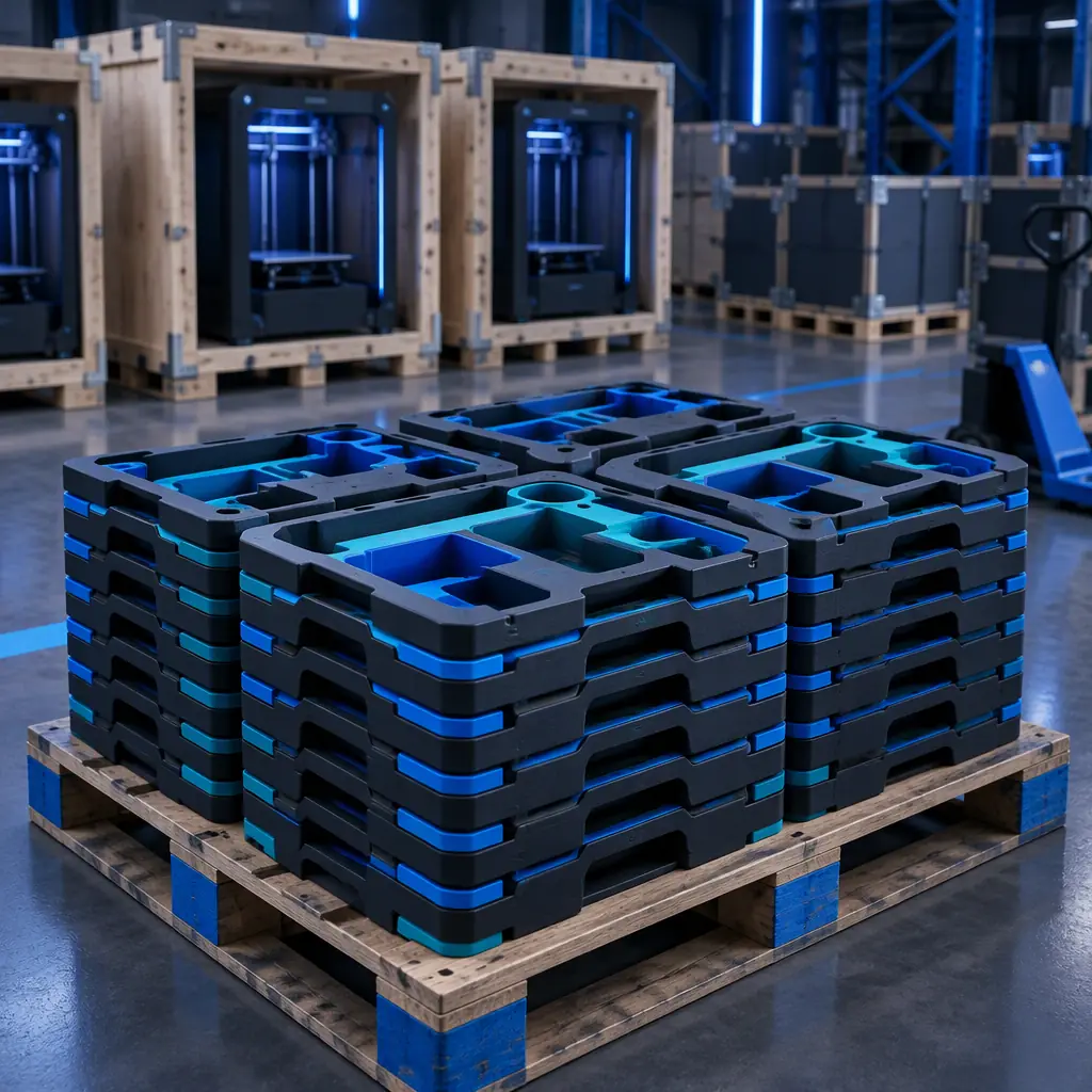 Returnable 3D printed packaging insert set stacked on a pallet in a distribution warehouse, industrial blue lighting