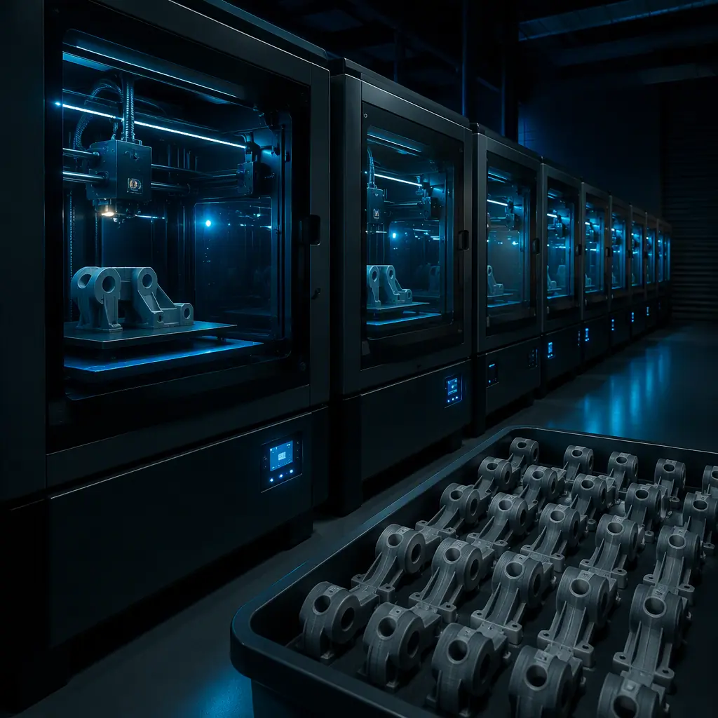 Production print farm of identical enclosed 3D printers running the same engineering part, finished parts collected in a tray at the end of the row, cool blue industrial lighting