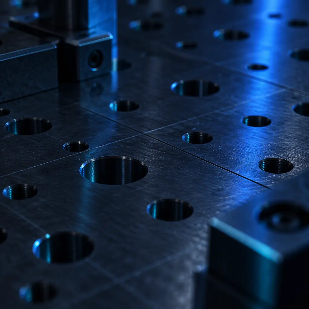 Dark textured surface of a machined aluminium fixture plate with drilled holes and a faint blue reflection, industrial macro