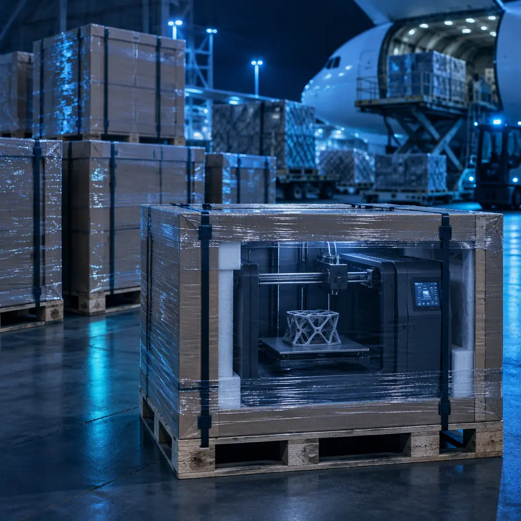 Export cartons on a pallet inside an air cargo terminal, strapping and labels visible, cool blue industrial lighting