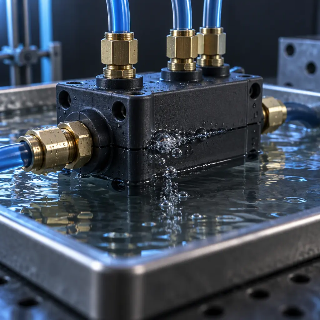 Printed polyamide manifold block with brass fittings and a pressure gauge on a stainless test bench, water droplets, cool blue industrial lighting