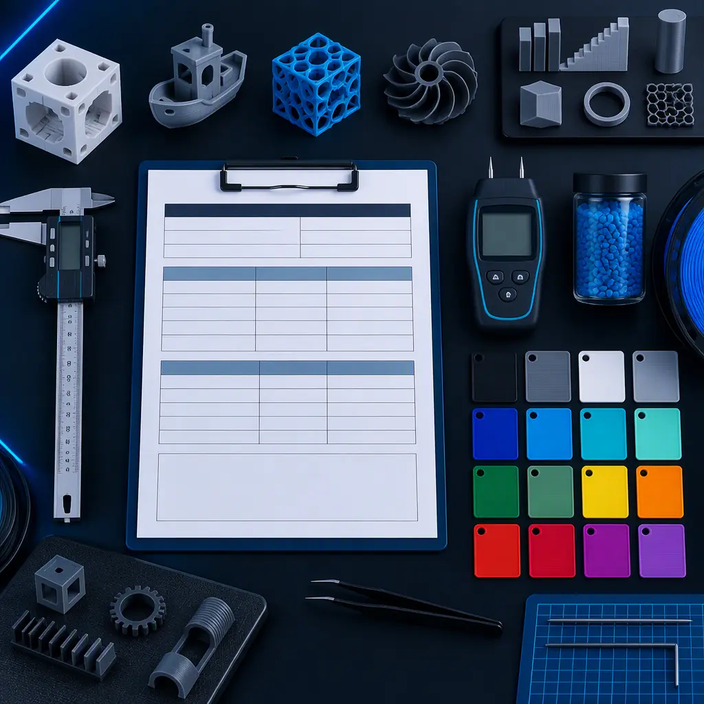 Flat lay photograph on a dark surface of a 3D printing quality planning desk with printed sample parts, a digital caliper, a blank process planning form, a moisture meter and coloured filament sample chips