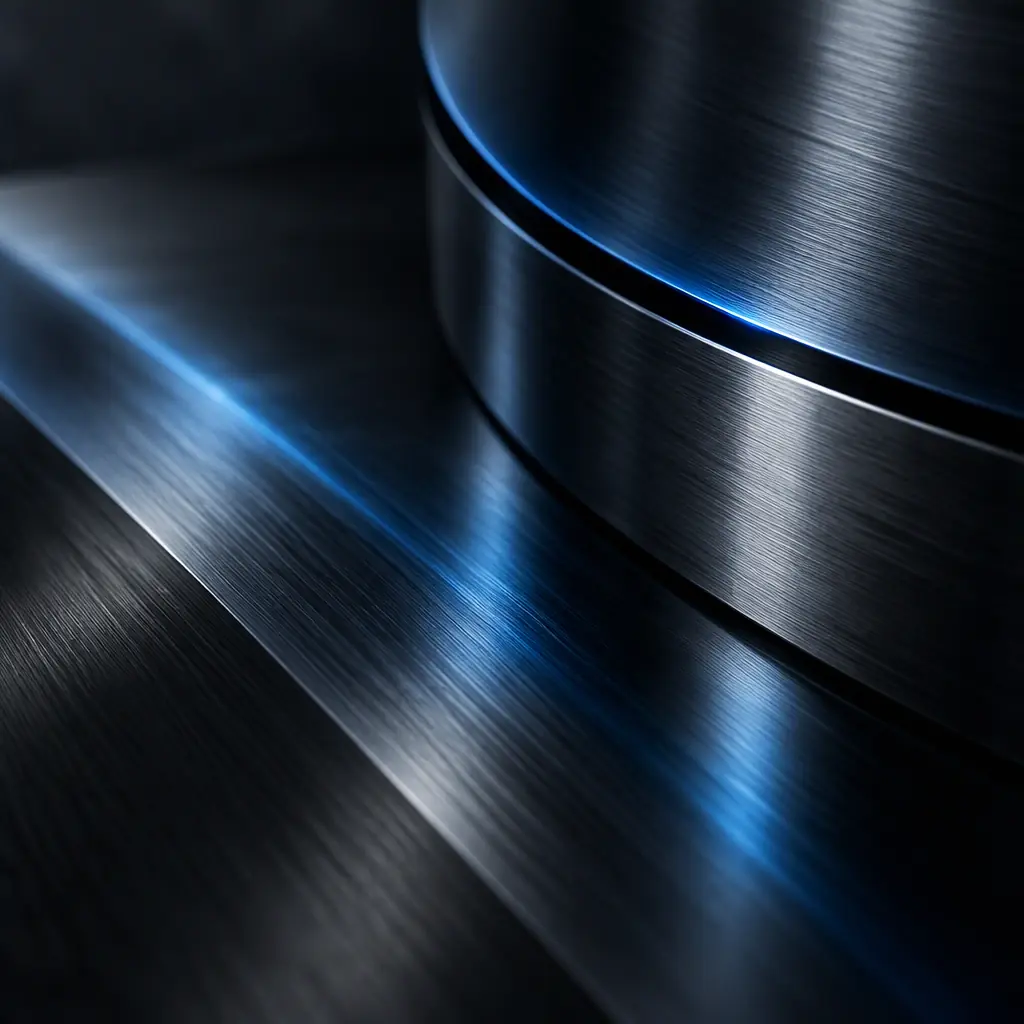 Abstract dark industrial texture of brushed metal and blue light streaks behind the CTA