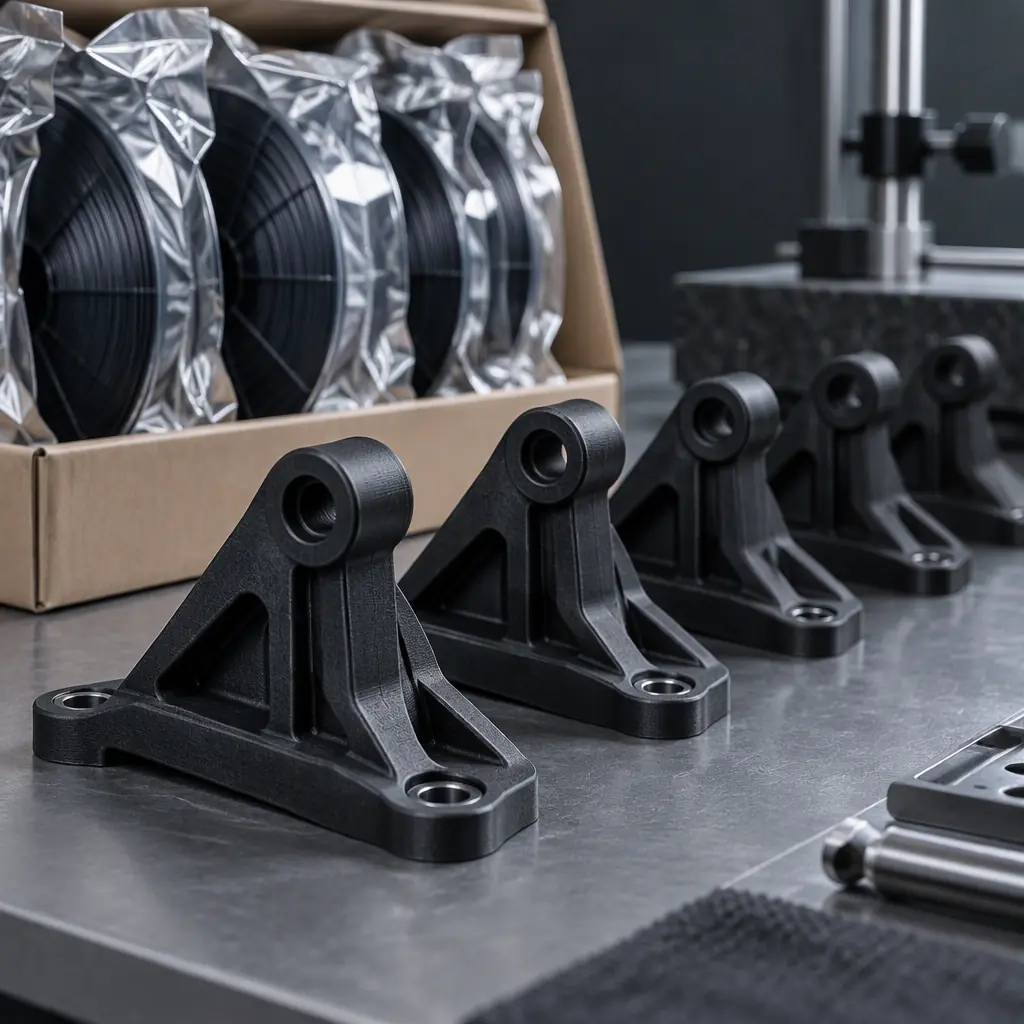 Row of printed automotive brackets on a quality inspection bench with clipboards and a coordinate measuring machine in soft focus, cool industrial blue light