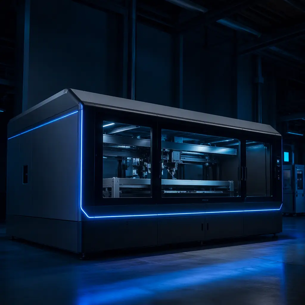 Wide format enclosed 3D printer in a manufacturing hall with electric blue accent lighting