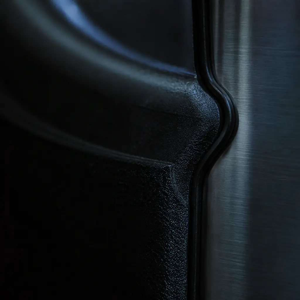 Industrial print production detail with machined metal surface and blue accent light