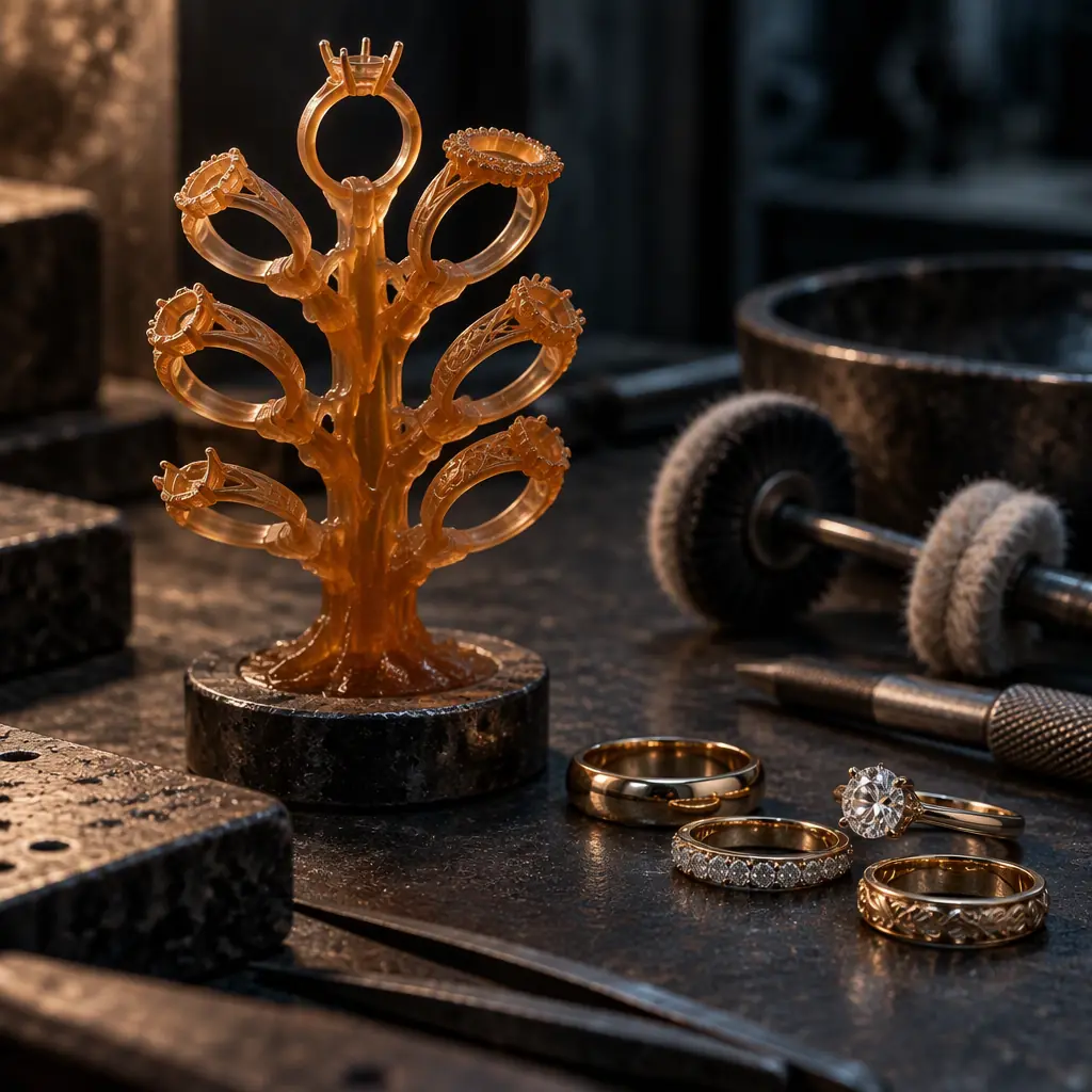 Photograph of a casting tree with several ring patterns in amber resin on a dark jeweller's bench with finishing tools nearby under warm lighting