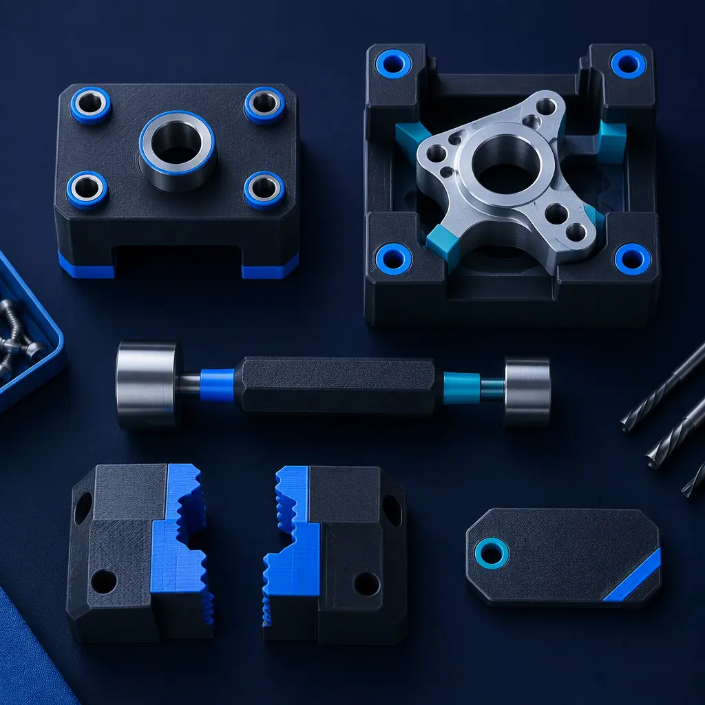 Flat lay on a dark navy surface of printed production tooling: a drill guide block, a locating nest with a metal part seated in it, a go/no-go gauge, printed soft jaws and a tool identification card