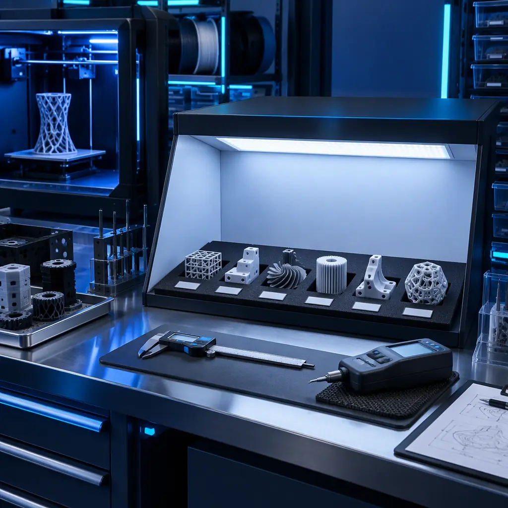 Close-up of labelled inspection samples on a quality bench with a light booth and inspection stamps, cool blue industrial light