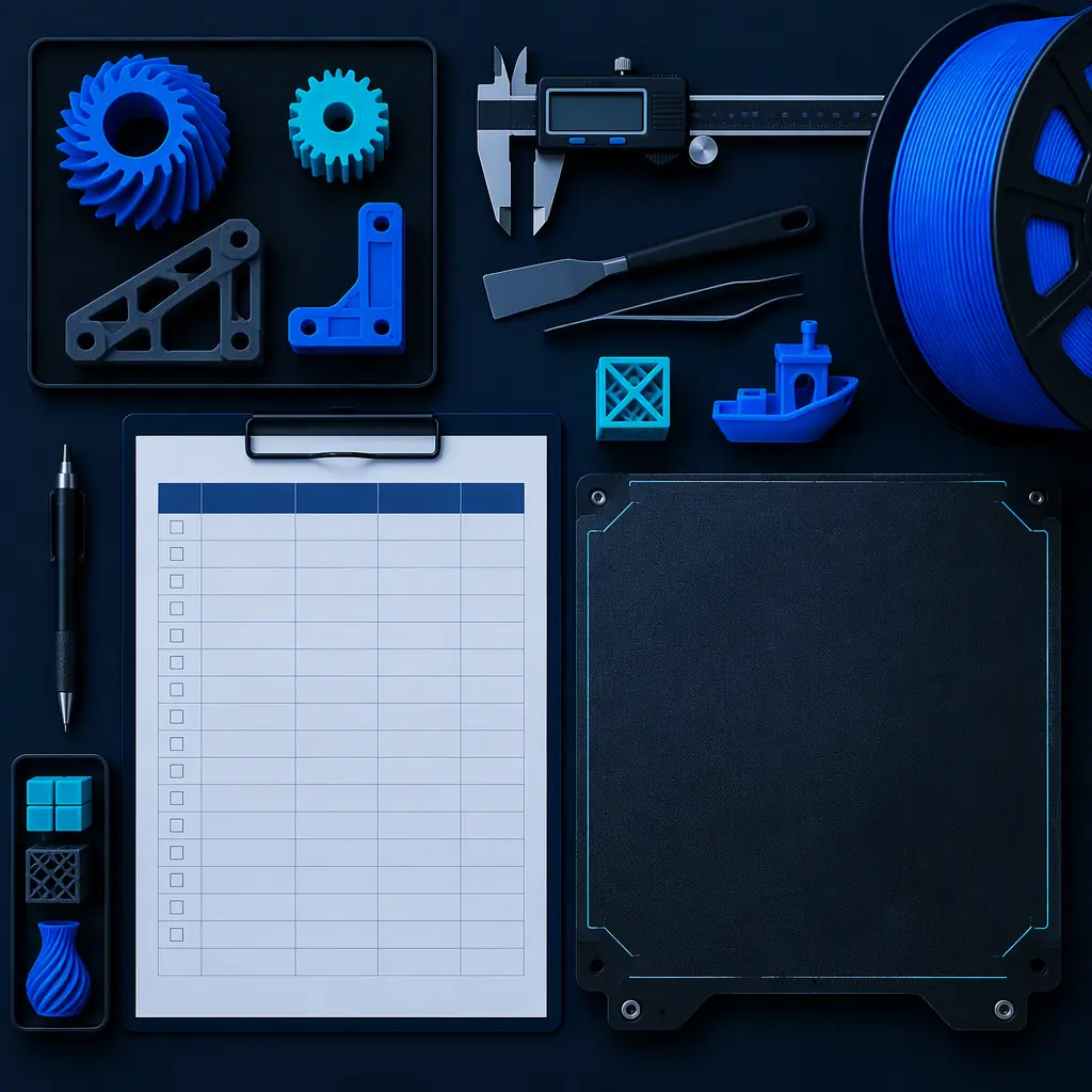 Flat lay photograph on a dark surface of a 3D printing production planner desk with printed gear and bracket samples, a blank scheduling worksheet, digital calipers and a filament spool
