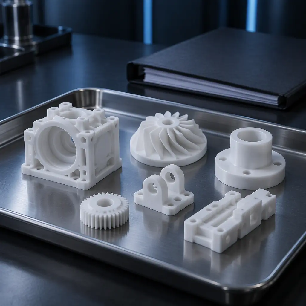 Photograph of white 3D printed medical components on a clean stainless steel inspection tray beside a documentation folder under cool blue lighting