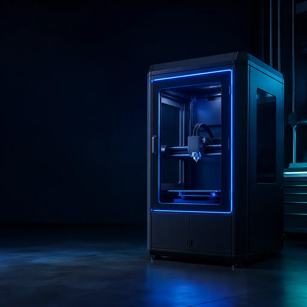 Large enclosed 3D printer standing on a factory floor with blue LED accent lighting