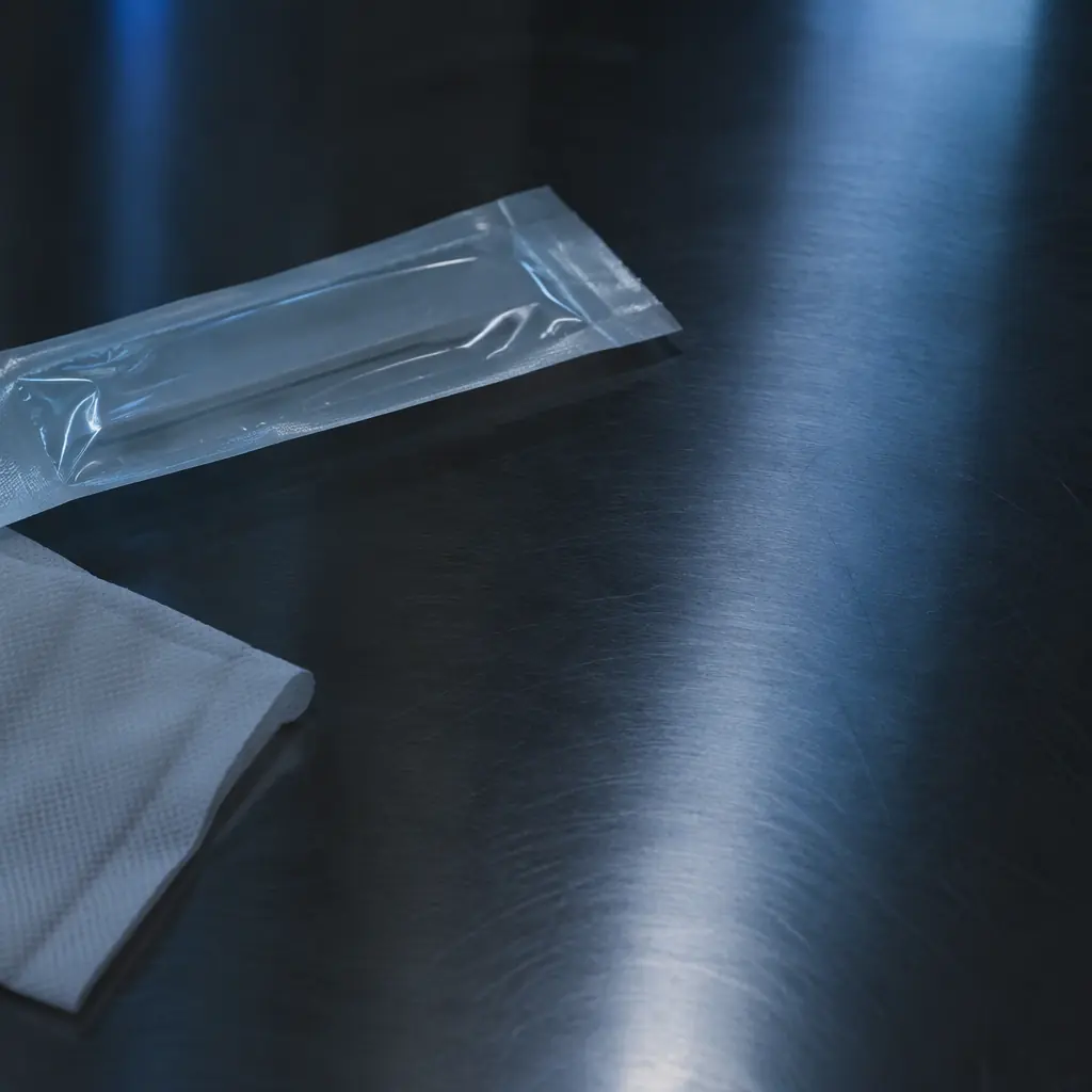 Stainless steel cleanroom bench with sealed procedure kits, printed tray inserts stacked neatly, cool clinical lighting, no text