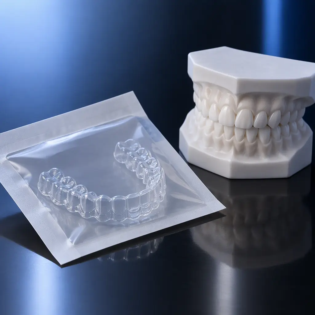 A clear aligner in its stage packaging on a dark surface beside a printed model, blue accent light, sterile clean presentation