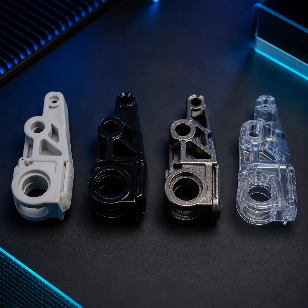 Flat lay of four 3D printed parts showing different surface treatments side by side: matte sanded, glossy vapour smoothed, metallic coated and clear finished, under neutral studio lighting