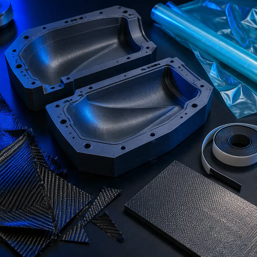 Flat lay photograph on a dark surface of a composite tooling workbench with printed mold sections, carbon fibre prepreg offcuts, vacuum bagging film, sealant tape and a heat-resistant tool surface sample