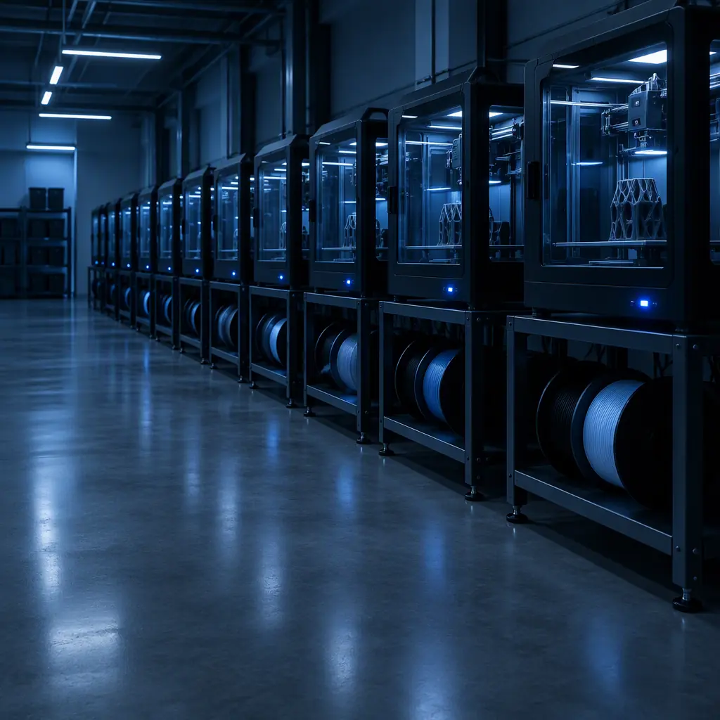 Photograph of a production room with rows of identical enclosed 3D printers running simultaneously, filament spools and status lights visible, under cool overhead lighting