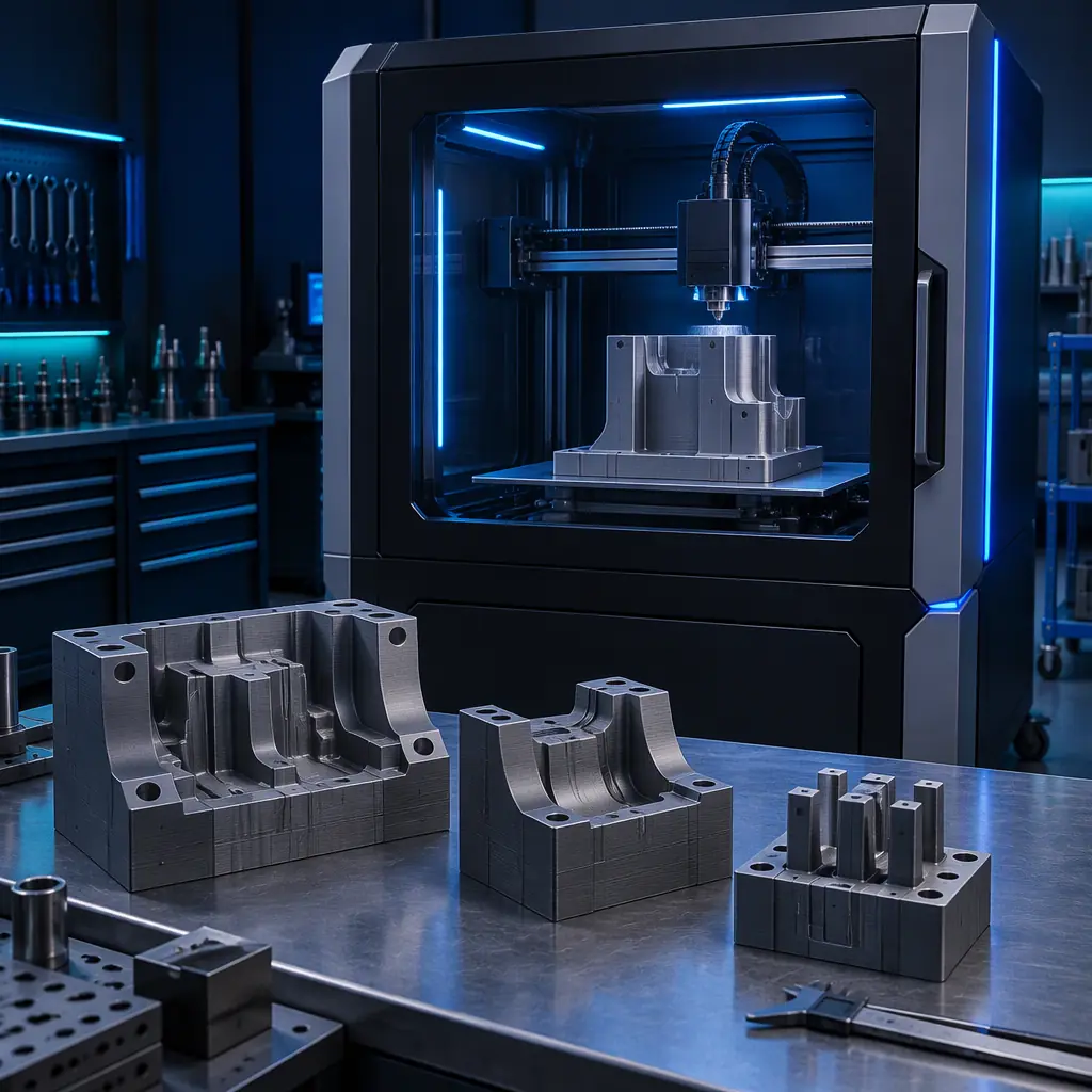 Enclosed industrial 3D printer in a tooling workshop producing a mould insert, electric blue accent lighting
