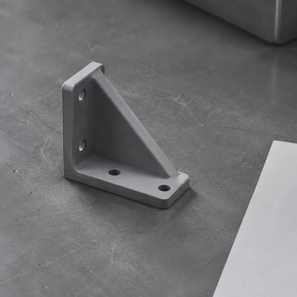 Matte grey workbench surface with a printed mechanical part, a caliper and a paper traveller sheet at the edge of frame, soft directional light