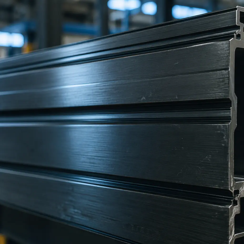 Dark anodised aluminium extrusion panel with fine machining marks and a faint cool reflection from factory lighting, low contrast industrial texture