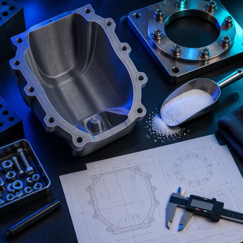 Flat lay photograph on a dark surface of a rotomolding tooling workbench with a printed mold section, powder sample, bolted flange plate, engineering drawings and a digital caliper