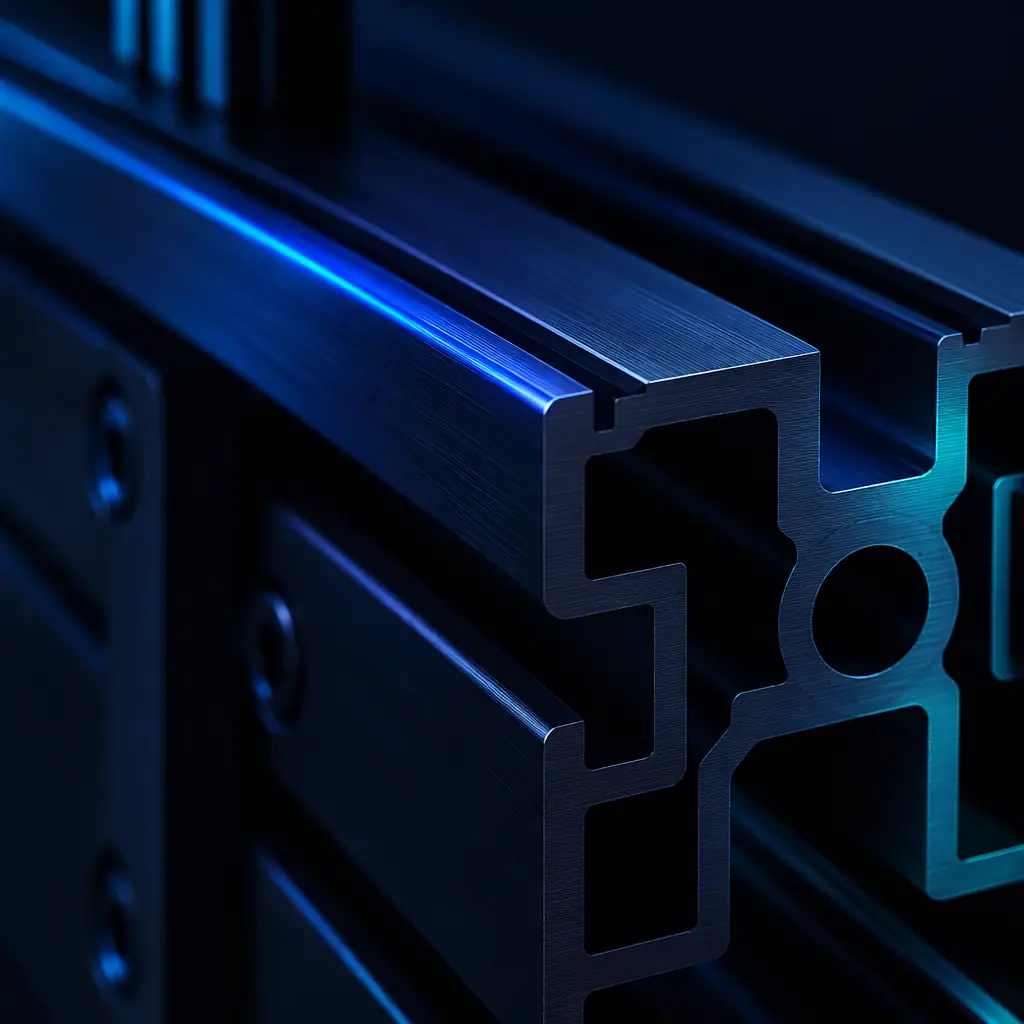 Dark anodised aluminium extrusion profile with fine machining marks and a faint electric blue reflection, low contrast industrial texture