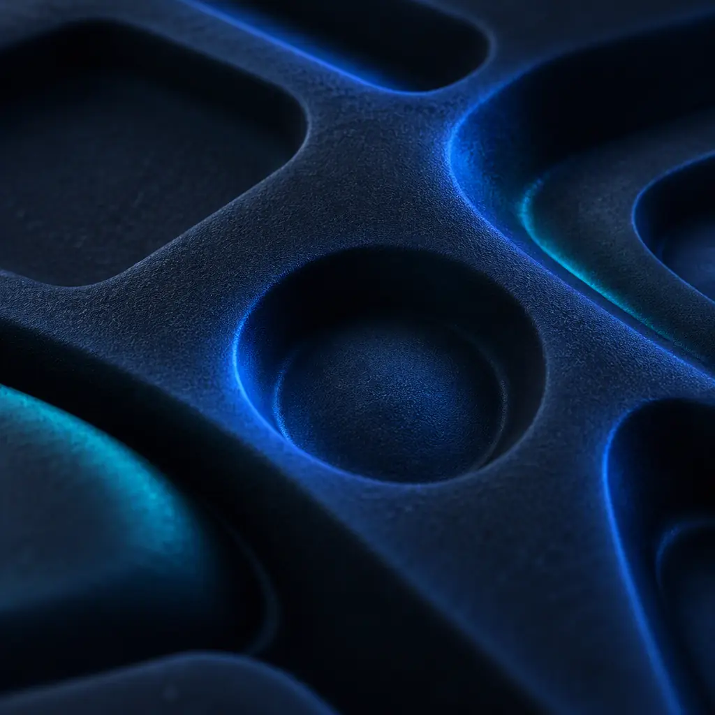 Abstract dark texture of soft elastomer surfaces and mould cavity impressions under low-contrast lighting behind the CTA