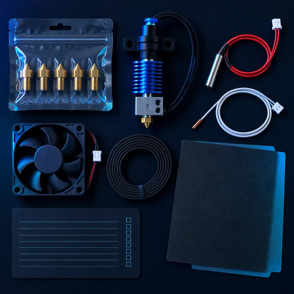 Flat lay on a dark navy surface of a 3D printer critical spares kit: packaged nozzles, a hotend assembly, heater cartridge, thermistor, cooling fan, drive belt, build surface sheet and a service log card