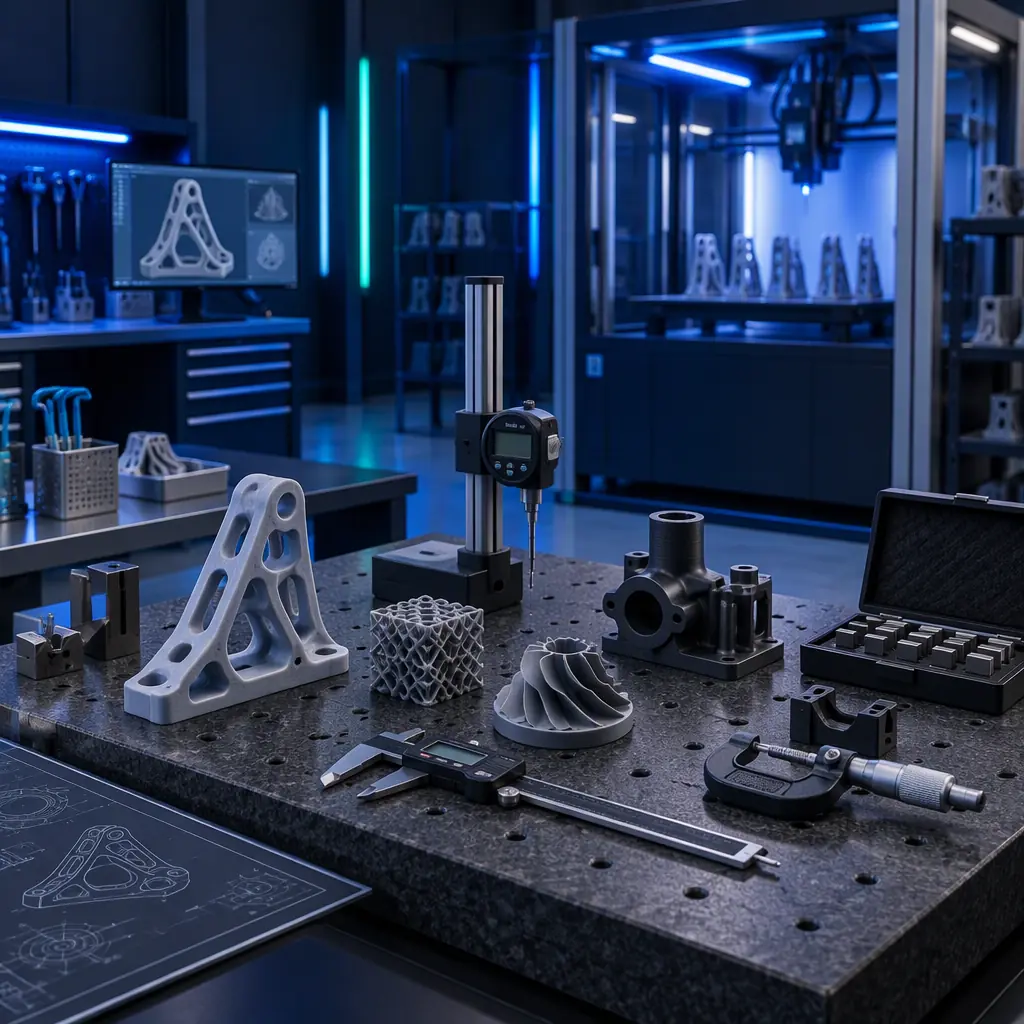 Quality control workstation with 3D printed test coupons arranged on a surface plate, dark industrial setting with blue accent light