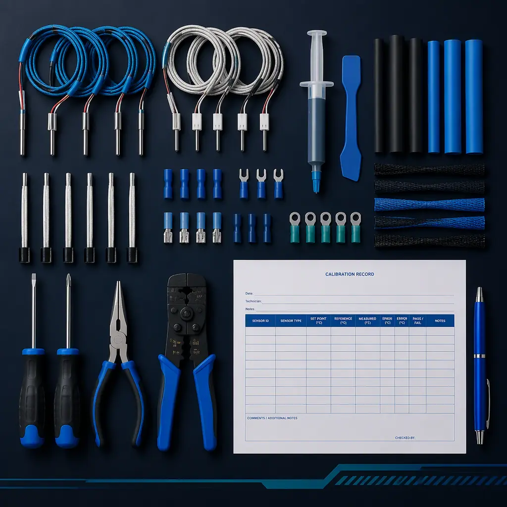 Flat lay of a 3D printer service kit on a dark surface: thermocouple and PT100 sensors, thermal paste, insulated wiring sleeves, hand tools and a calibration record sheet