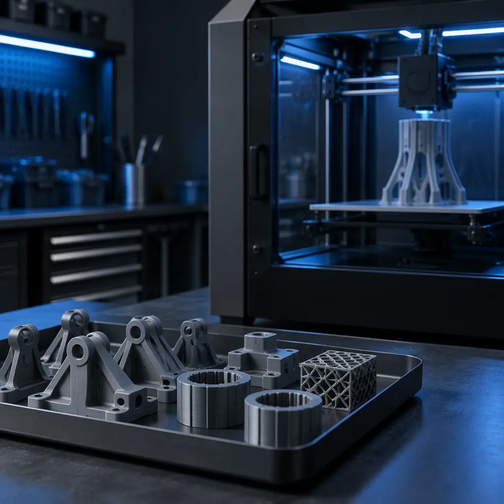 Photograph of a university fabrication laboratory bench with an enclosed 3D printer running and finished grey parts in a tray under cool blue lighting