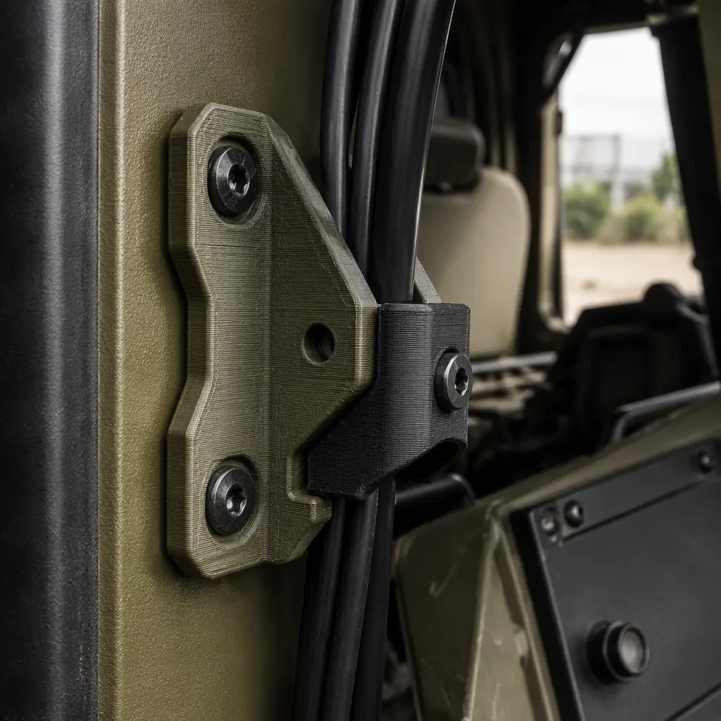 Macro close-up of rugged 3D printed PA-CF vehicle bracket and cable clip mounted inside a tactical truck cab, printed layer lines visible, olive drab and matte black parts, photorealistic, no people, no text, no logos